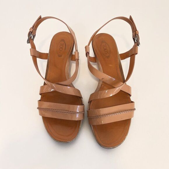Tod's Tan Patent Leather Strappy Mini Wedge Sandals - Picture 7 of 8